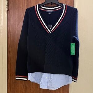 Tommy Hilfiger Navy V-Neck Sweater with Red and White Accents